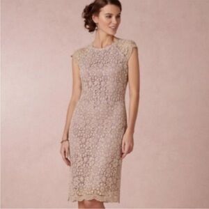 MIGNON DOO Anthropologie Lace Overlay Sheath Dress | Light Purple & Gold, Size 6